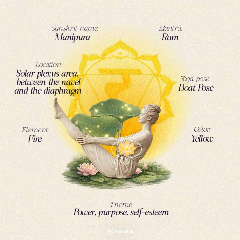 Infographic of the solar plexus chakra Manipura with its color, element, position in the body, mantra, and main energetic meanings.