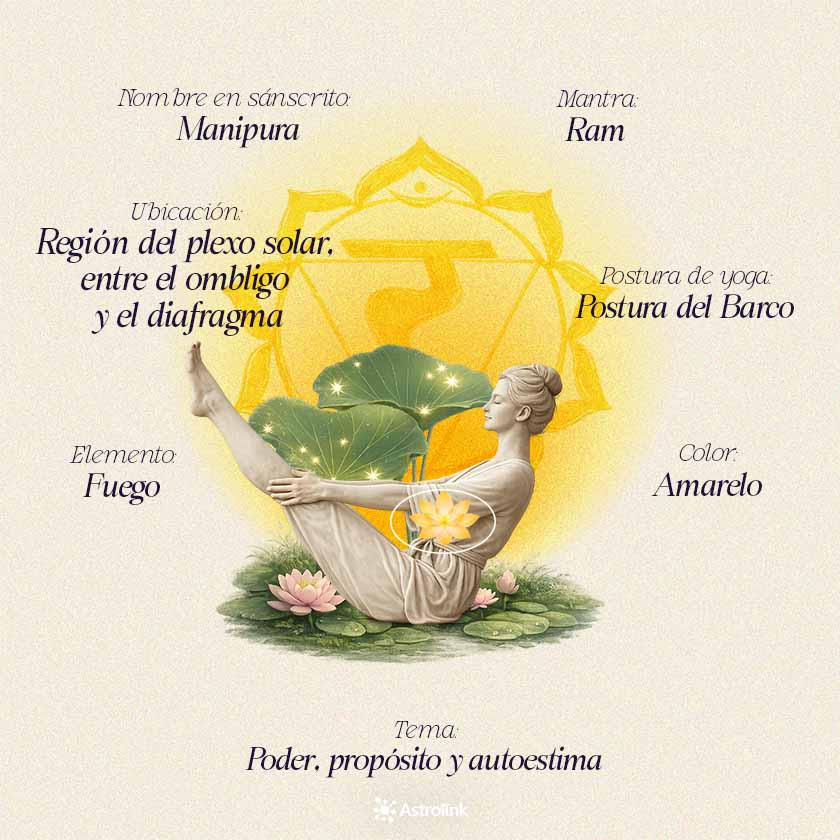 Infografía del chakra del plexo solar Manipura con su color, elemento, ubicación en el cuerpo, mantra y principales significados energéticos.