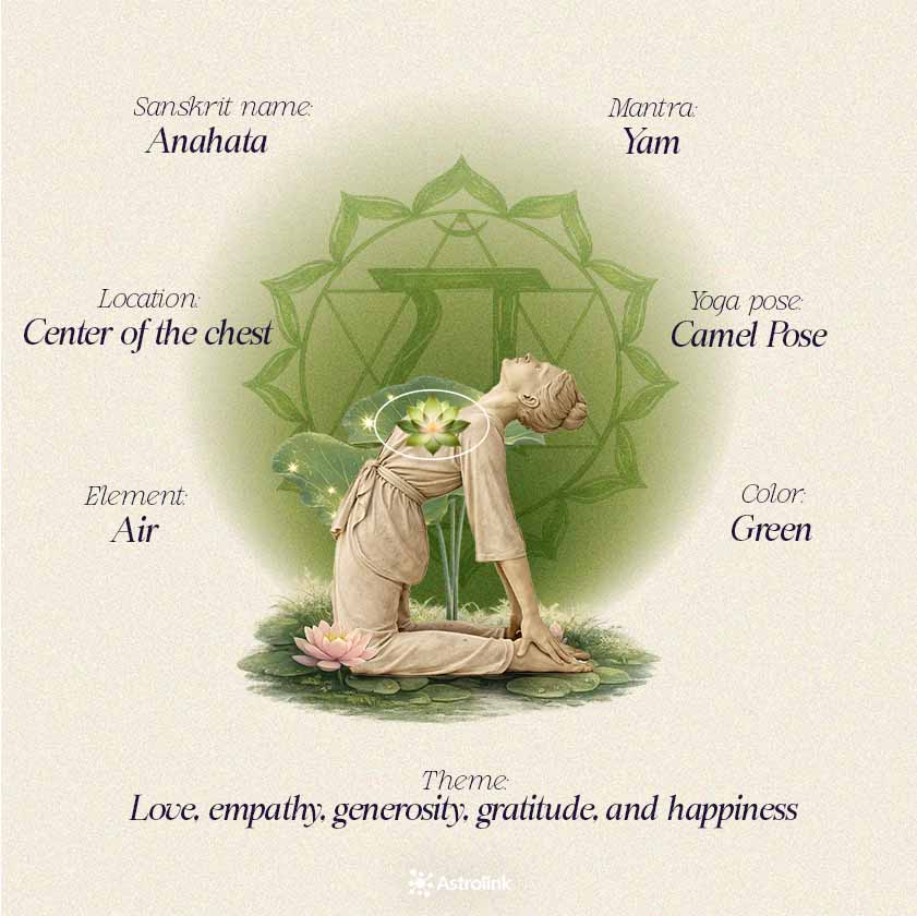 Infographic of the heart chakra Anahata with its color, element, position in the body, mantra, and main energetic meanings.