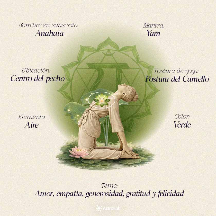 Infografía del chakra cardíaco Anahata con su color, elemento, ubicación en el cuerpo, mantra y principales significados energéticos.
