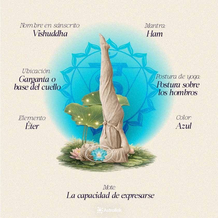 Infografía del chakra laríngeo Vishuddha con su color, elemento, ubicación en el cuerpo, mantra y principales significados energéticos.