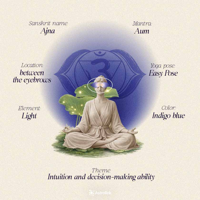 Infographic of the third eye chakra Ajna with its color, element, position in the body, mantra, and main energetic meanings.