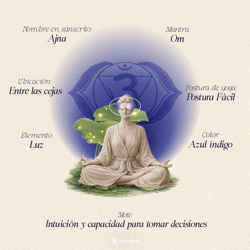 Infografía del chakra frontal Ajna con su color, elemento, ubicación en el cuerpo, mantra y principales significados energéticos.